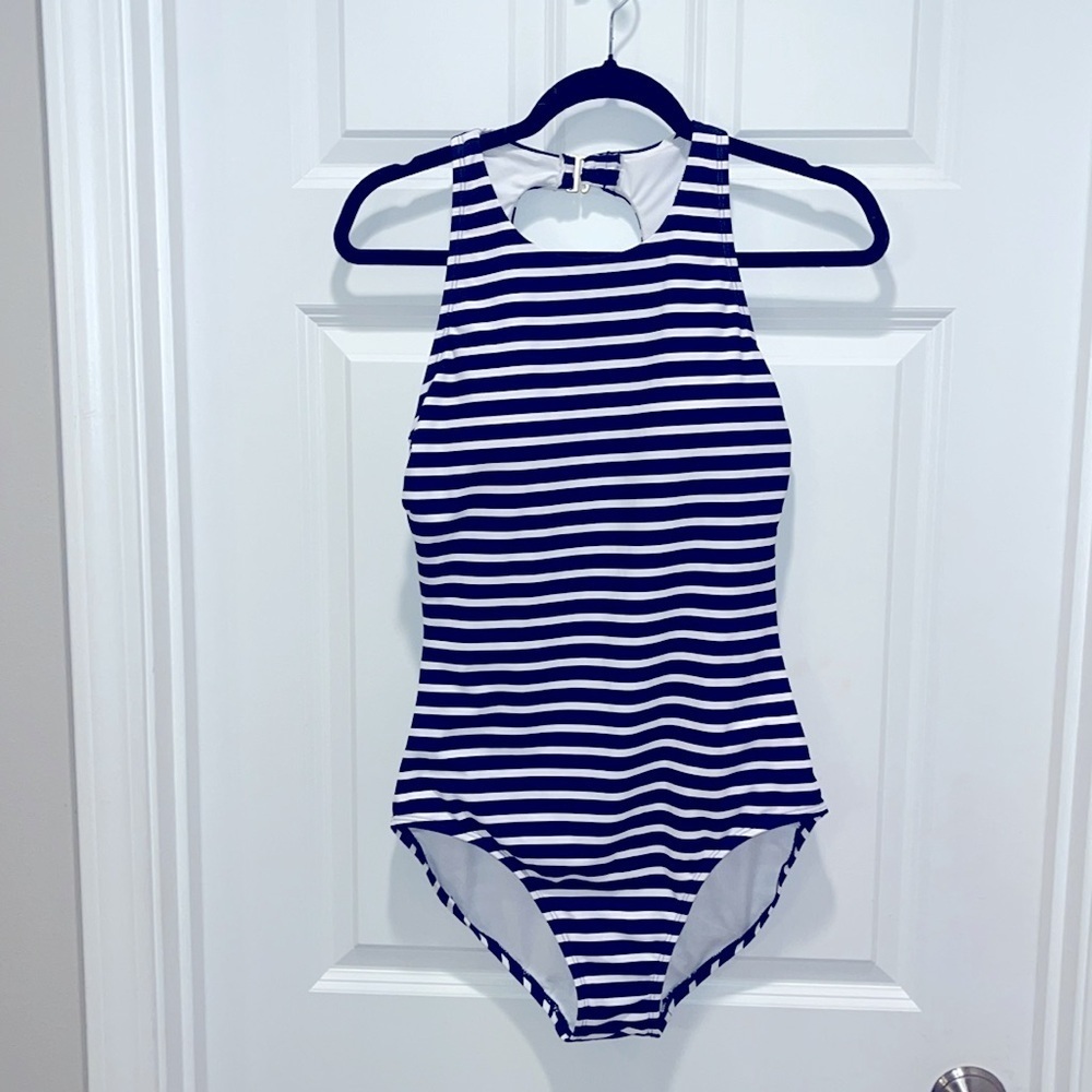 Lands' End Women's High Neck one piece Swimsuit Navy stripe built in cups - Picture 11 of 12
